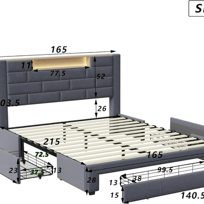 Bed met Opbergruimte – Opbergbed – Opbergboxspring – Tweepersoonsbed – Gestoffeerd Bed – LED Verlichting – USB Oplaadpoort – 140x200 cm – Fluwelen Metalen Frame