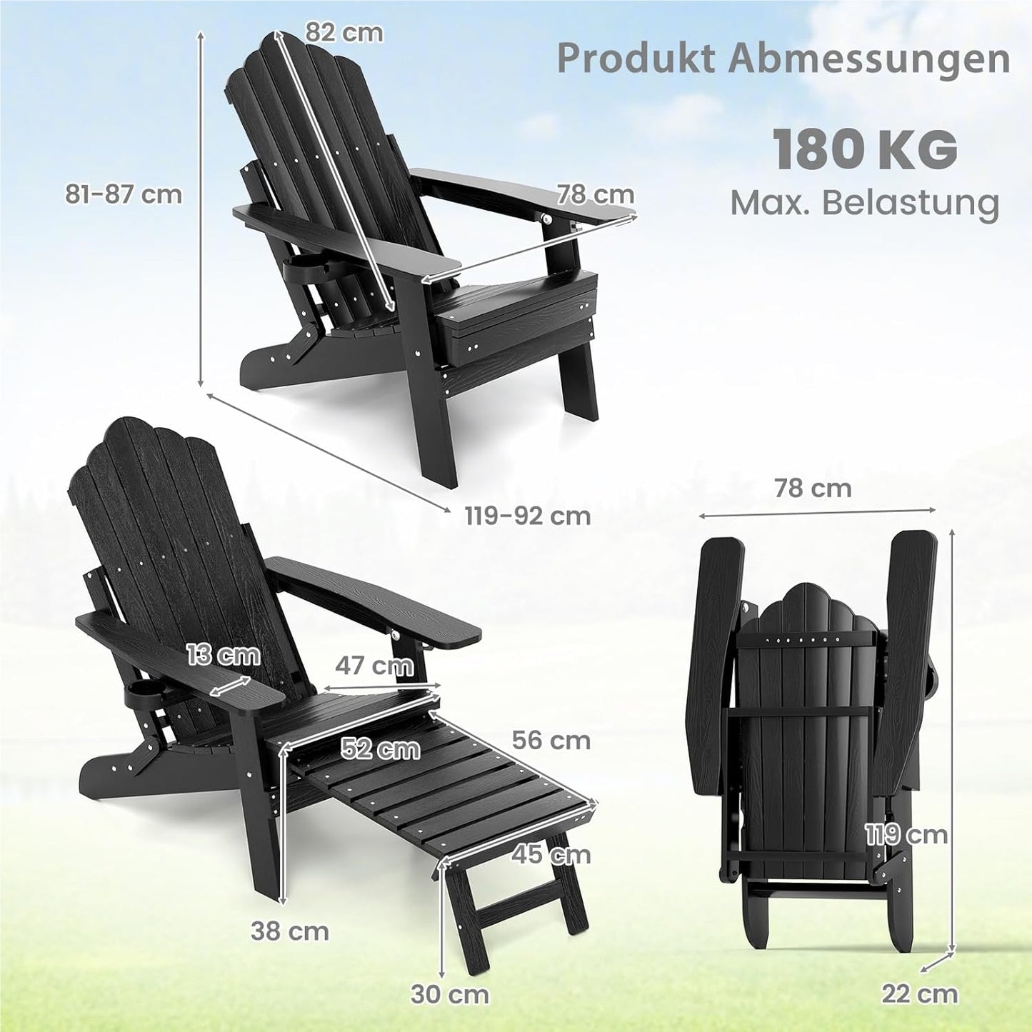 Adirondack Tuinstoel – Tuinstoel – Buitenstoel – Ligstoel – Relaxstoel – Vouwbaar Met Voetensteun – Weerbestendig Kunststof – Verstelbare Rugleuning – 180 Kg Draagvermogen – Zwart