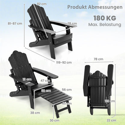 Adirondack Tuinstoel – Tuinstoel – Buitenstoel – Ligstoel – Relaxstoel – Vouwbaar Met Voetensteun – Weerbestendig Kunststof – Verstelbare Rugleuning – 180 Kg Draagvermogen – Zwart