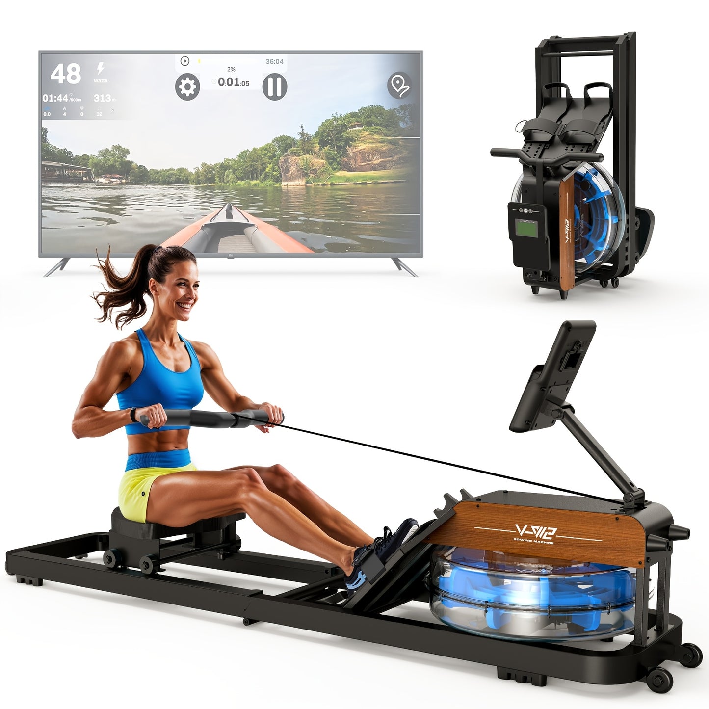 VOWVIT Foldable Water Rowing Machine for home Gym - Wireless Row Rower with Oak Wood Frame, Heavy-Duty Full-Size Training Device Suitable for s & Seniors, Space-Saving Equipment