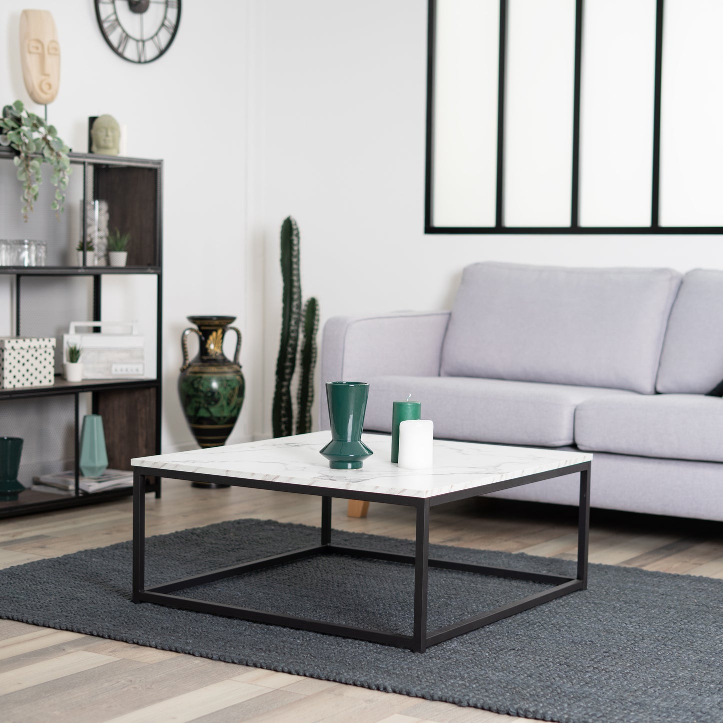 Salontafel – Koffietafel – Tafeltje – Woonkamertafel – Bijzettafel – Zwart – Marmerlook MDF – Industrieel Design – 80x80x34 cm – Stevig Metalen Frame – Eenvoudig Montuur