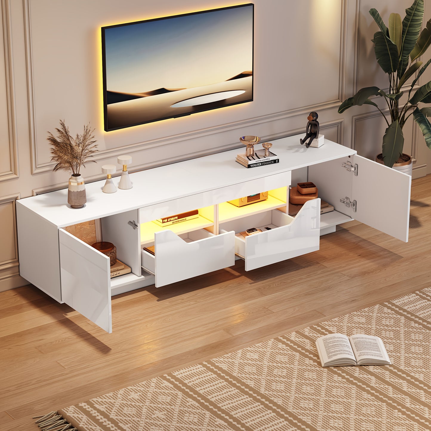Modern White Freestanding TV Stand with 2 Drawers & 2 Cabinets, TV Board & Storage Shelf - Heavy-Duty Metal Construction, Minimalist Media Console for 75-Inch TVs, Space-Saving Low-Profile Design, Compatible with Large TVs up