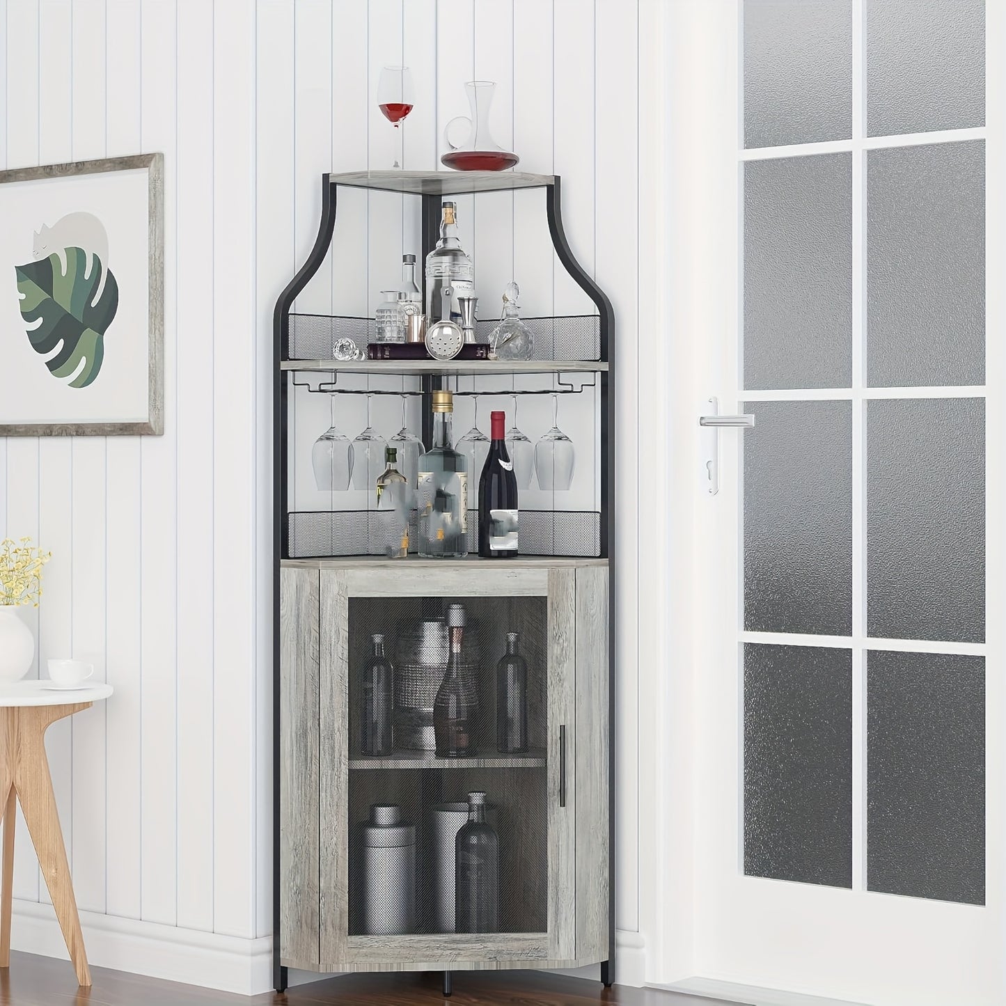 5-Laagse Hoek Wijnkast – Drankenkast – Wijnrek – Barmeubel – Hoekkast – Ruimtebesparend Design – Houten Materiaal – Afneembaar Wijnrek en Glazenhouder