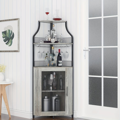 5-Laagse Hoek Wijnkast – Drankenkast – Wijnrek – Barmeubel – Hoekkast – Ruimtebesparend Design – Houten Materiaal – Afneembaar Wijnrek en Glazenhouder
