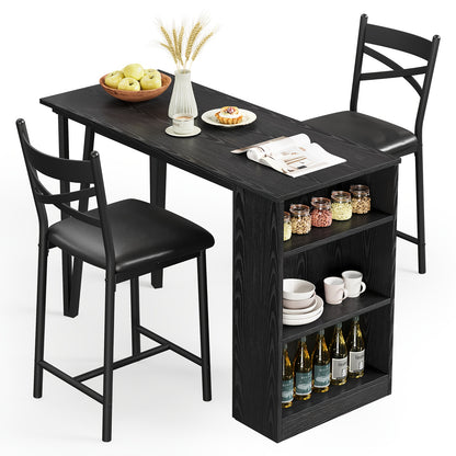 3pcs Two-Person Kitchen Dining Table Set with 2 Chairs & Extendable Counter-Height Bar Table - Space-Saving Modern Farmhouse Style, Dark Wood & Black Metal Construction, 3 Storage Shelves, Easy Assembly for Small Spaces, Apar