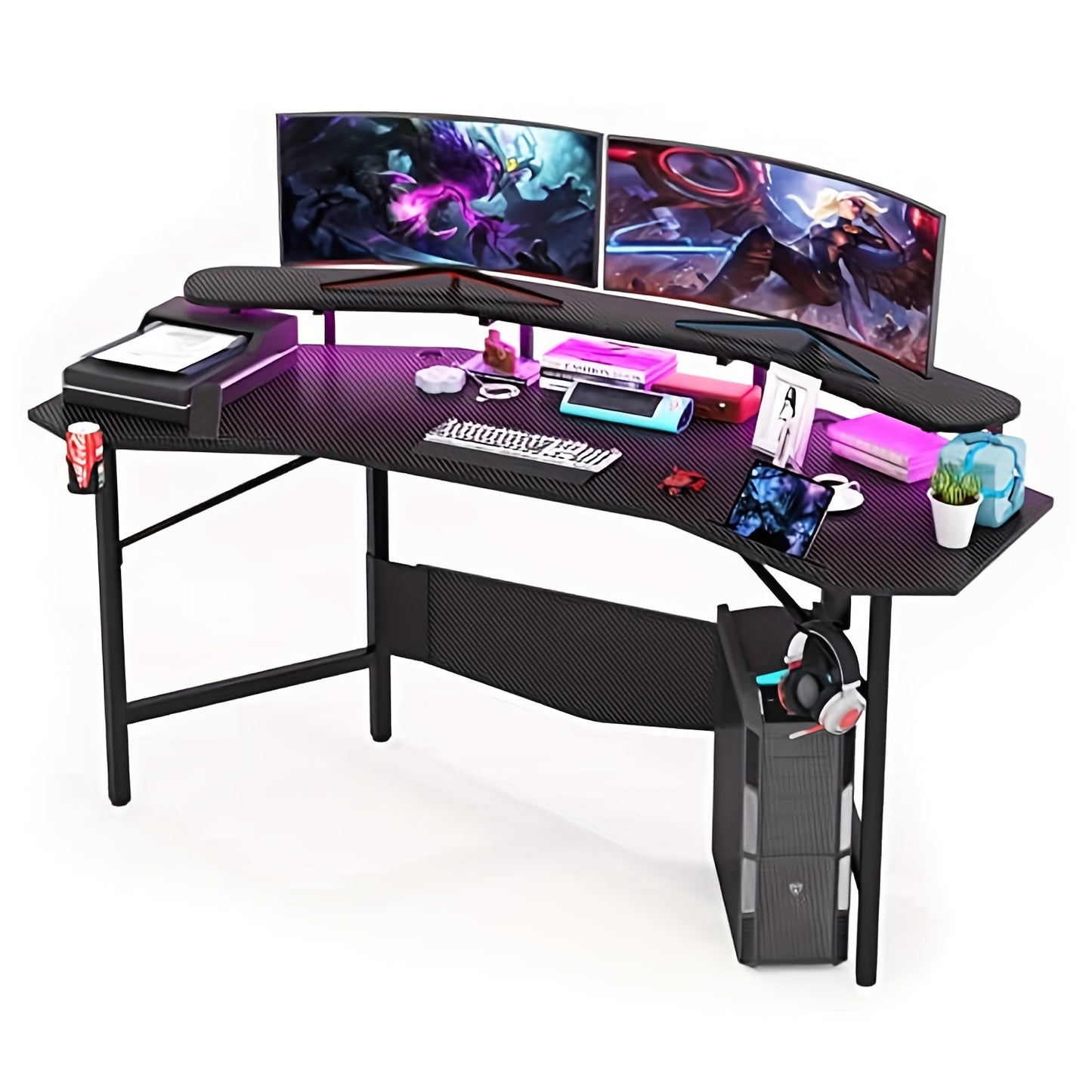 Gamingbureau – Gamebureau – Computertafel – Bureautafel – Gamingtafel – Met Bekerhouder En Koptelefoonhaak – 180x60x75 cm – Zwart – Met Metalen Frame En Monitorstandaard