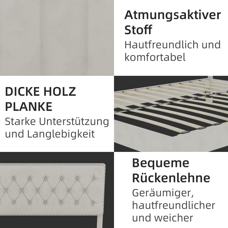 Bedombouw – Bedframe – Bedkast – Slaapkamerbed – Boxspring – Beige Stoffen Hoofdeinde – Laag Ontwerp – Duurzame Constructie – Ruimtebesparend – 140x200 cm