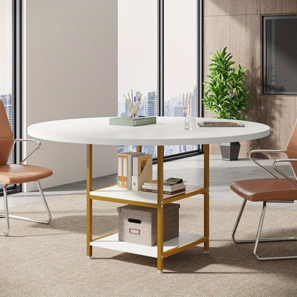 Eettafel – Ronde Tafel – Keukentafel – Eetkamertafel – Tafel – 4 Personen – 2 Opbergplanken – Gouden Metalen Poot – Wit MDF – Hittebestendig Blad – Verstelbare Voetjes