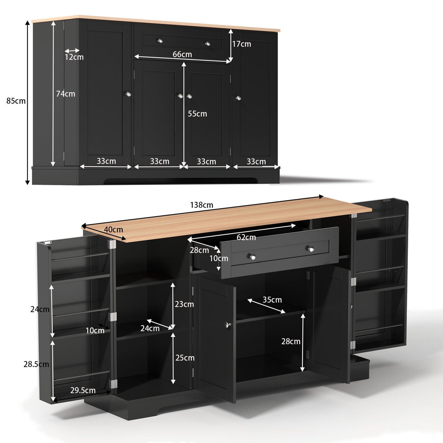 Buffetkast – Dressoir – Opbergkast – Serveerkast – Keukenkast – Modern Design – 138 CM Breed – Verstelbare Planken – Kantelbeveiliging – Zwart