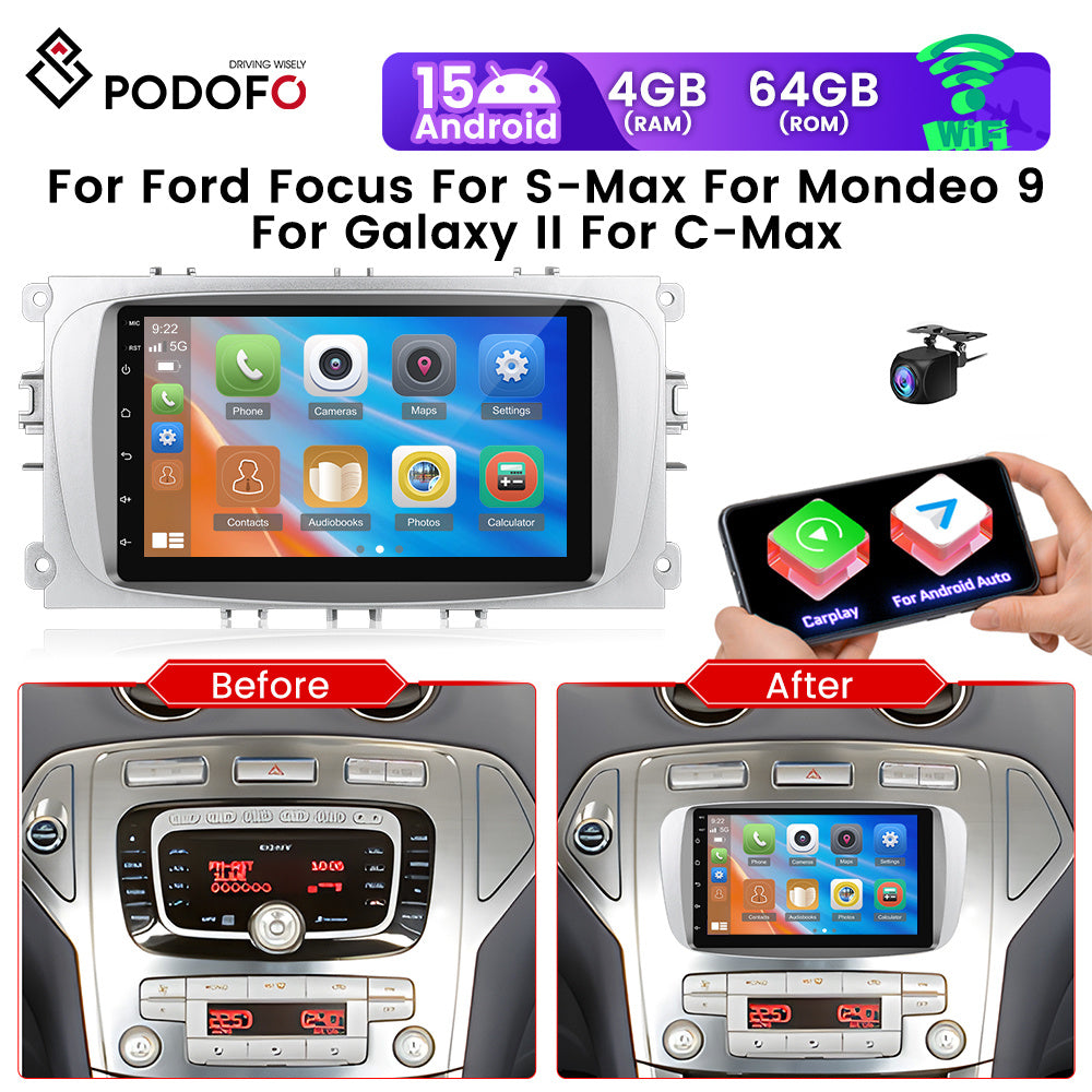 PODOFO [4G + 64G] Car Radio Android 15 for Ford Focus II Mk2 Mondeo 9 S-Max C-Max Galaxy, 17.78 cm HD Touchscreen Car Radio with Wireless Carplay Android Car GPS Wi-Fi USB Bluetooth 5.0 FM RDS Camera, Merry Christmas Gifts, B