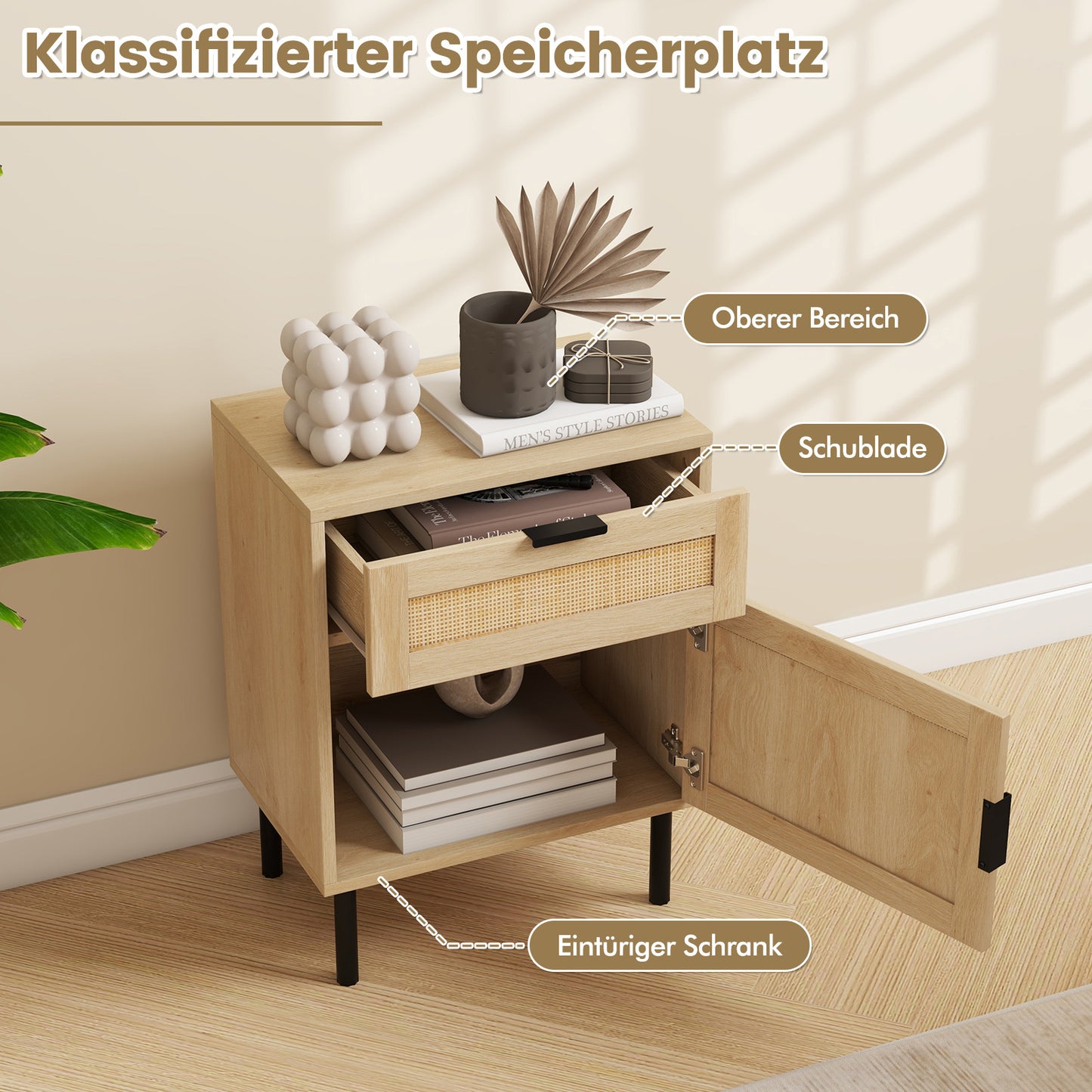 Nachtkastje – Bedside Table – Opbergkastje – Slaapkamerkastje – Tafeltje – Set Van 2 – Natuurlijk Rattan Met Metalen Poten – Lade En Kastje