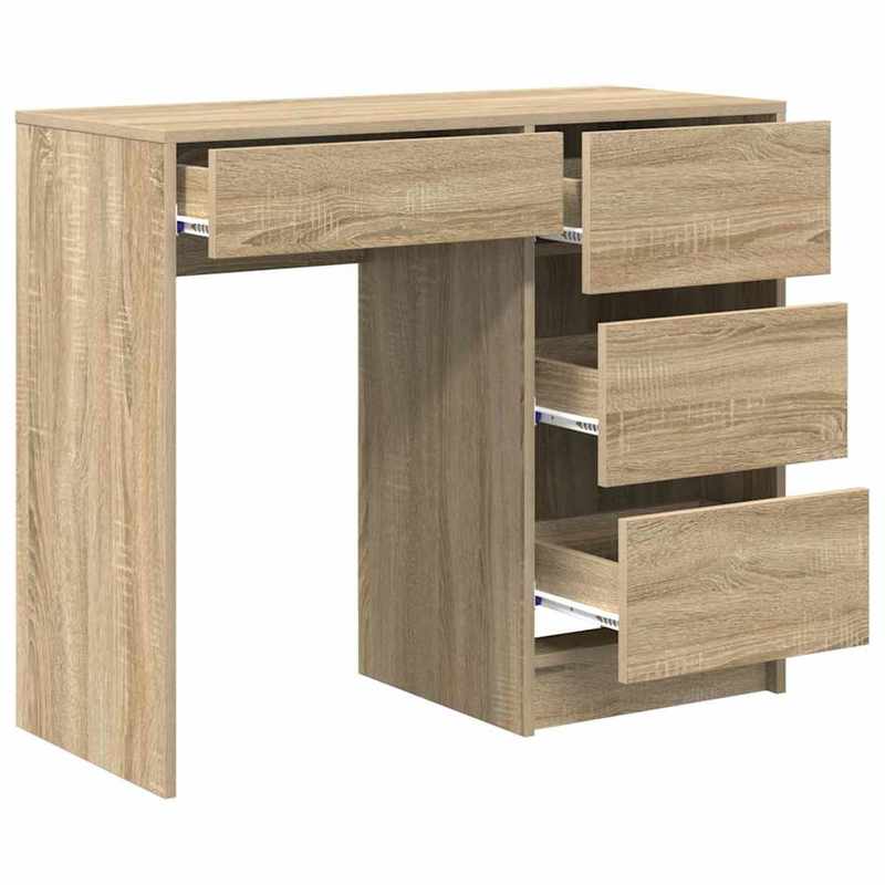 Bureau – Bureautafel – Computertafel – Schrijftafel – Werktafel – Sonoma Eiken – 90x37,5x75 cm – Met 3 Lades en Open Plank – Stevig Houtcomposiet Met Natuurlijke Houtstructuur