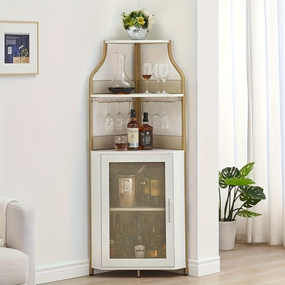 4-Tier Corner Wine & Coffee Bar Cabinet - Hardwood Construction, Removable Wine Rack, Glass Holders & Mesh Doors, Holds 50+ Bottles, Space-Saving Design with Dual Use as Serving Table, 73.66cm Height, Wine Bar Cabinet, Versat