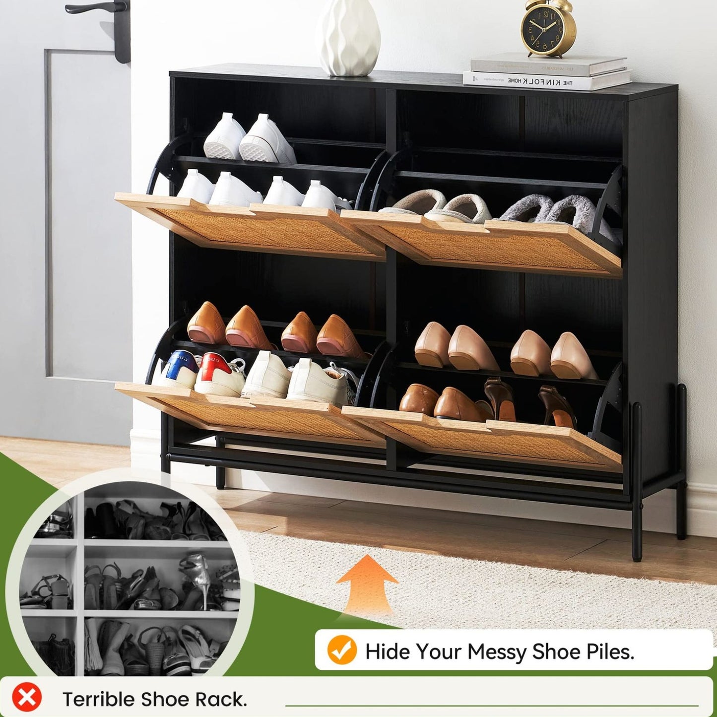 4-Door Shoe Cabinet Organizer | Holds 20 Pairs, Adjustable Shelves, Modern Hallway Storage Furniture, Spacious Storage Capacity, Flip Drawer Design, Hardwood, Floor Mount