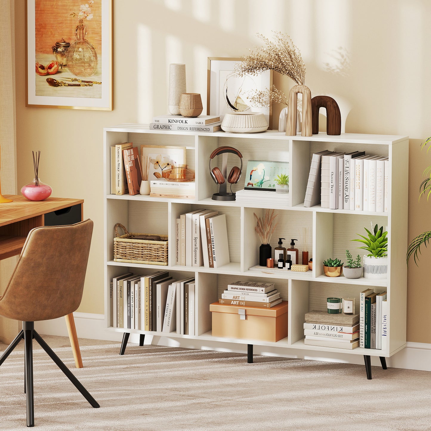 10-Cube Boekenkast – Boekenkast – Opbergkast – Rek – Displaykast – Wit – Mid Century Modern Design – Met 5 Tapered Metalen Poten – Anti-Kantel Veiligheid
