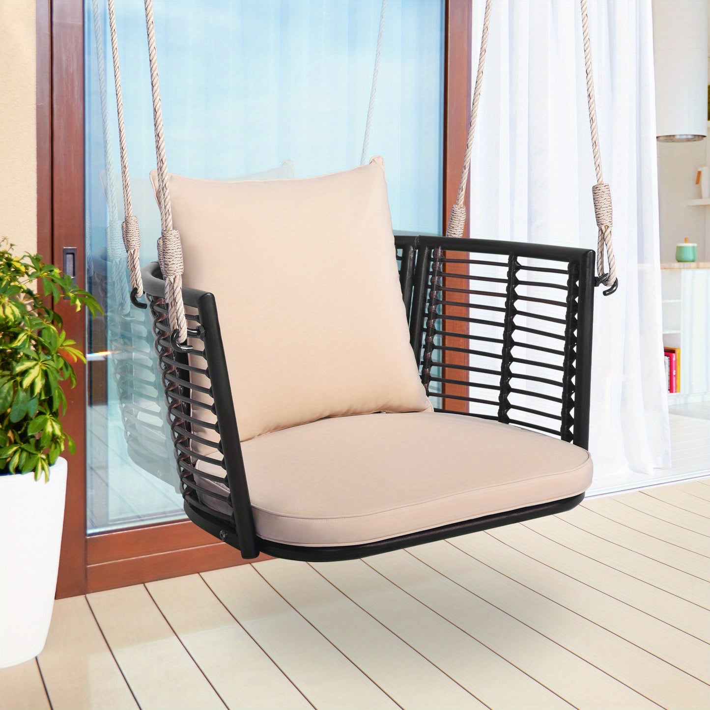Schommelstoel – Hangstoel – Schommelstoel Buiten – Rattan Hangstoel – Tuinstoel Bruin – Ergonomisch Metalen Frame – Weerbestendig PE Rattan