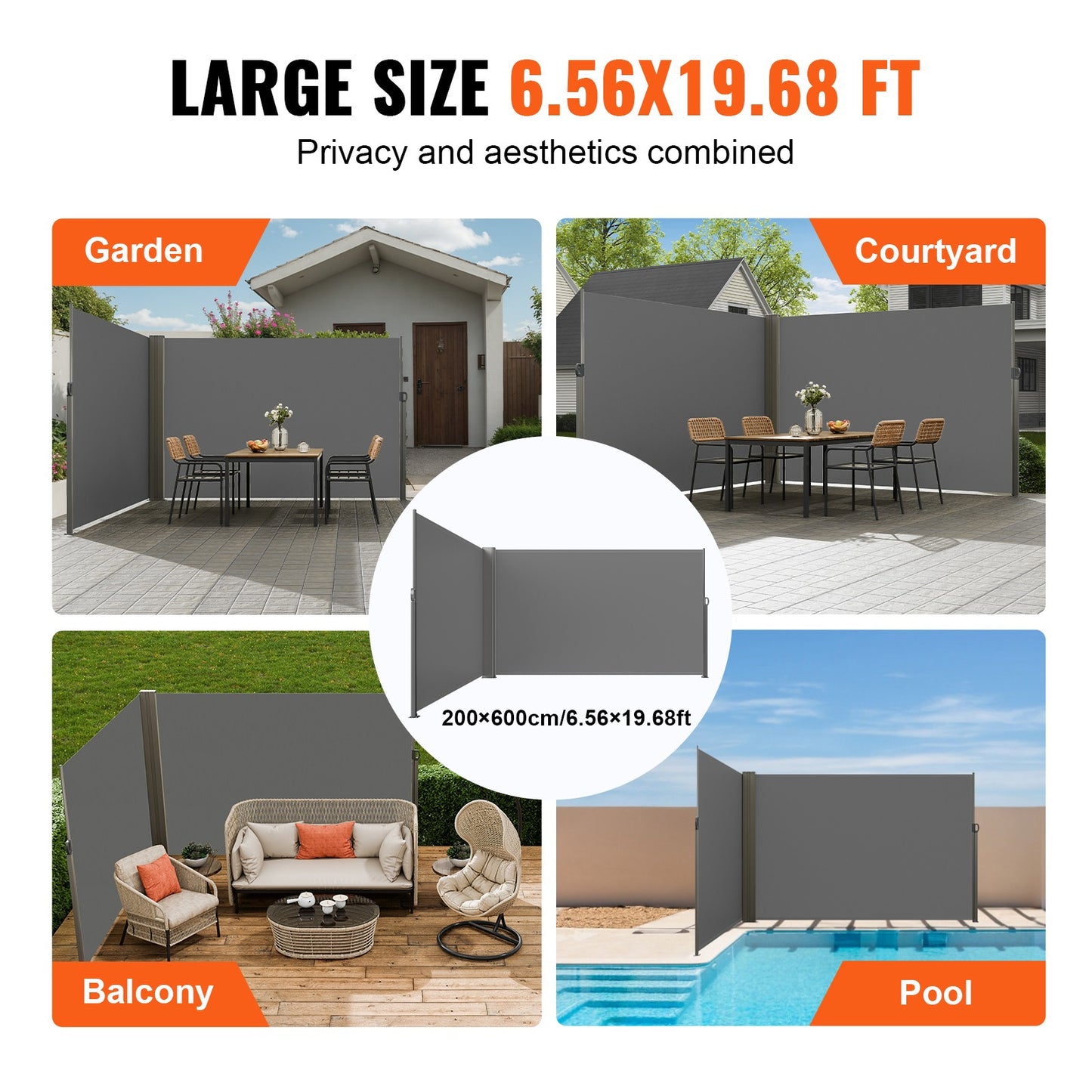 Uitschuifbaar Zijscherm – Windscherm – Privacyscherm – Terrasscherm – Balkonafscherming – 200x600 cm – Hoogwaardig Polyester met PU-coating