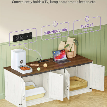 Kattenmeubel – Kattenkast – Kattenbakmeubel – Kattenhuis – Kattenbak Kast – Voor 2 Katten – Met Stopcontacten en USB-poorten – 140 cm – Bruin-Wit