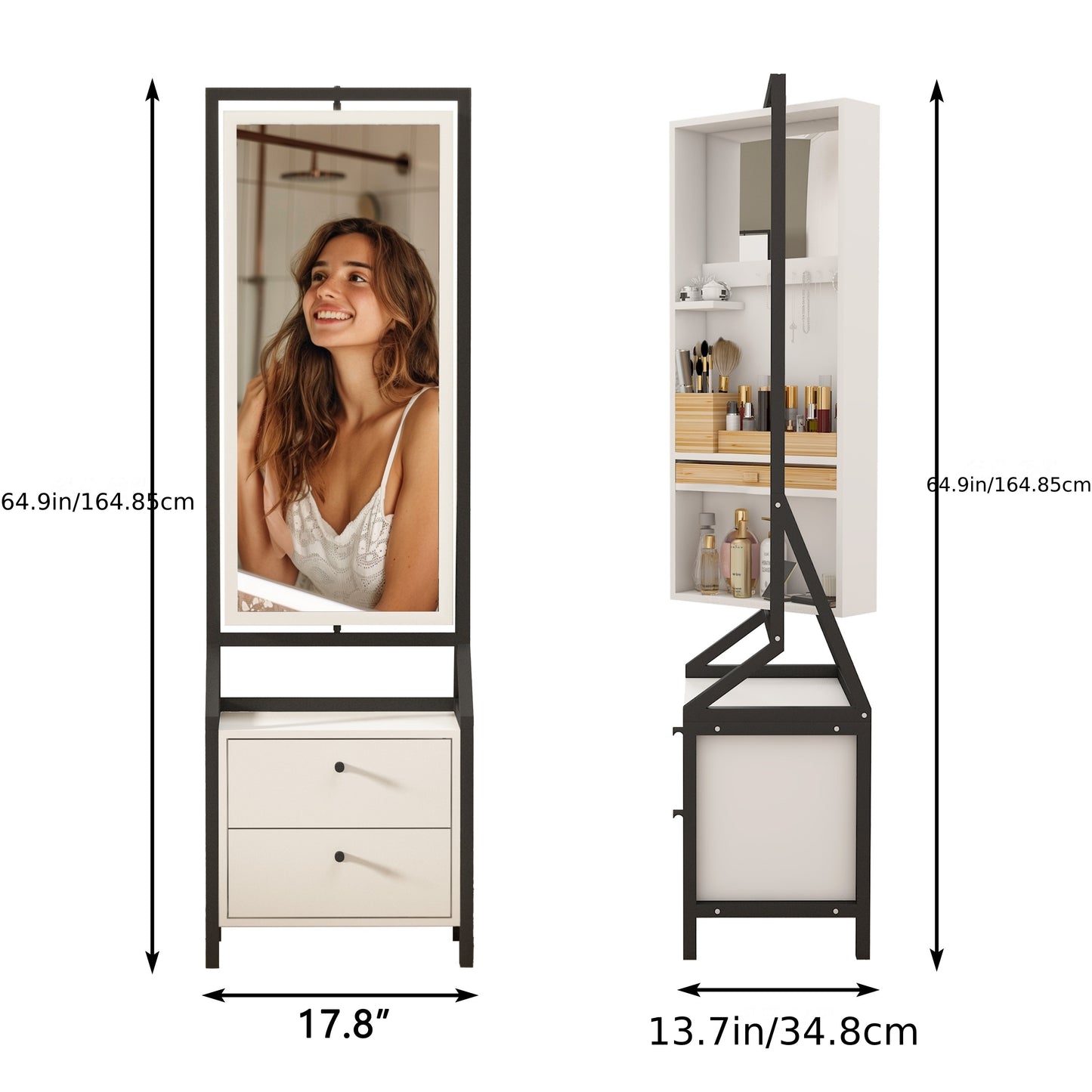 Makeupspiegelkast – Sieradenkast – Make-upkast – Kaptafel – Spiegelkast – 360° Draaibaar – Wit Hout – 2 Lade Opbergruimte