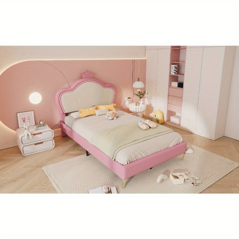 Upholstered Bed – Bedframe – Slaapbank – Bed Met Hoofdbord – Eenpersoonsbed – Roze Wit PU Bekleed – Veiligheidspadding – Metaal Metalen Poten – Elegant Contour Design – 90x200 cm