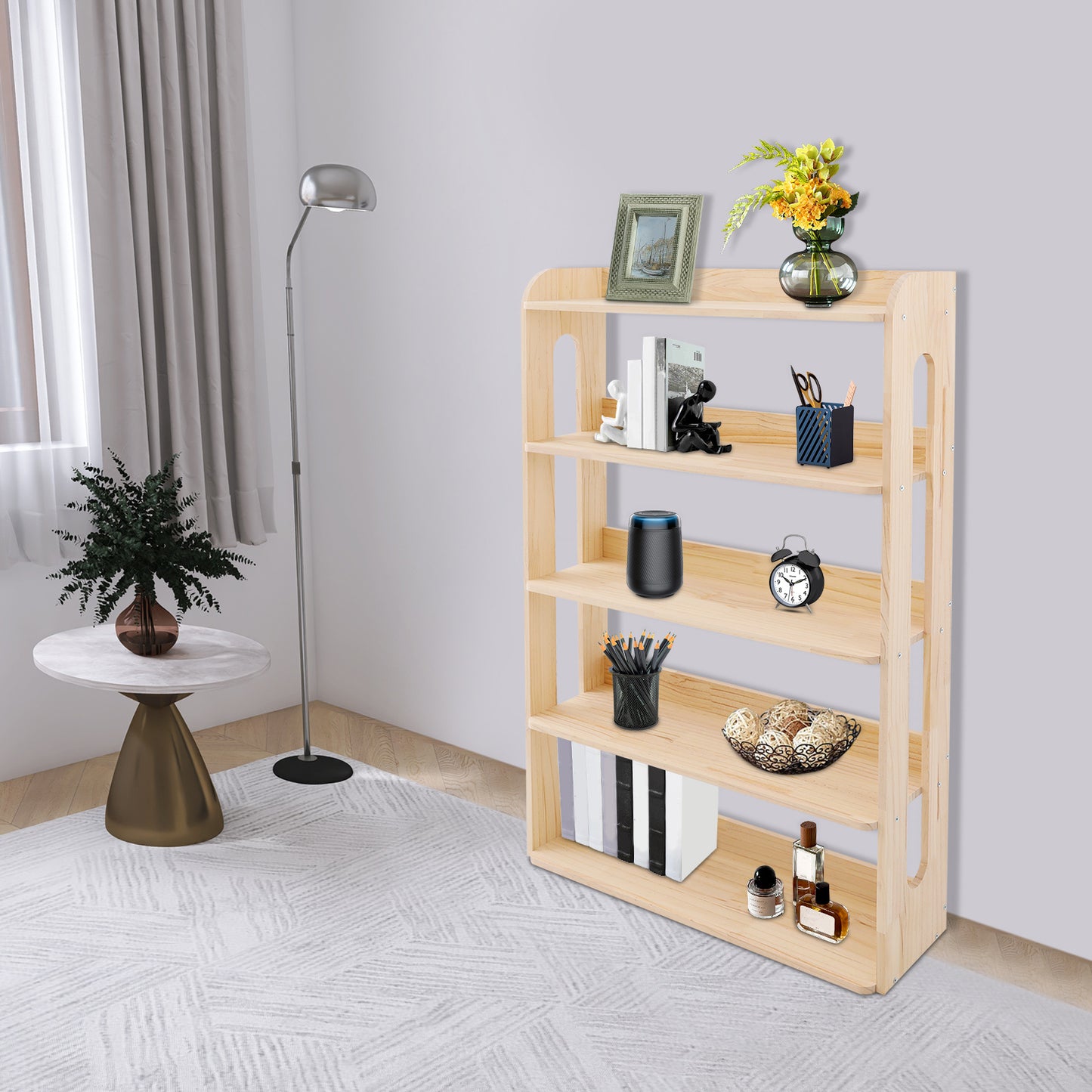 Boekenkast – Boekplank – Opbergkast – Boekrek – Boekstelling – 5-Laags – Onbehandeld Dennenhout – 80x26x130 cm – Ruimtebesparend Design