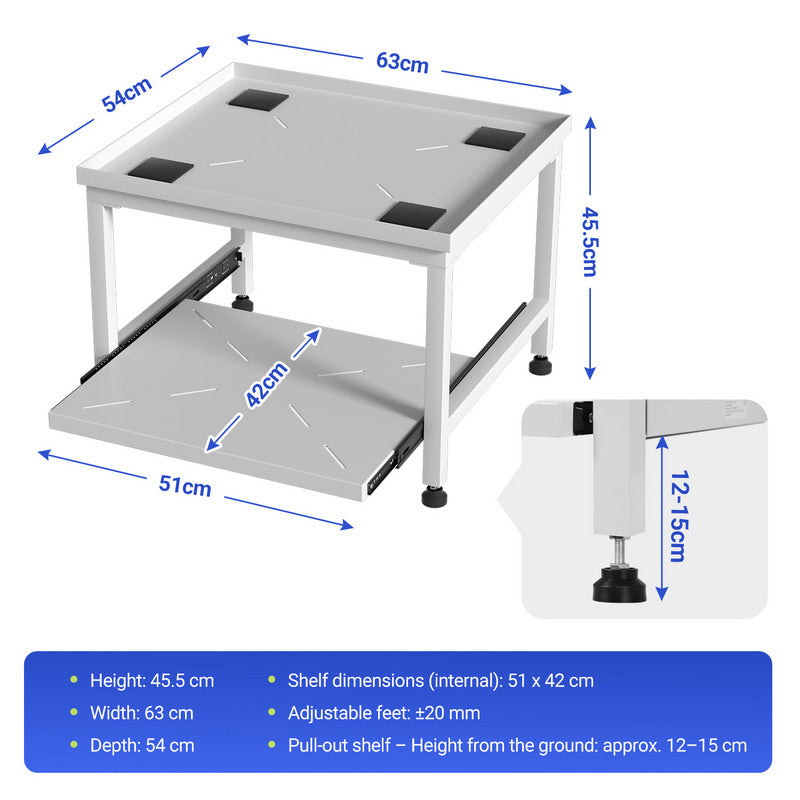 Wasmachine Onderstel – Verstelbare Wasmachine Steun – Wasmachine Verhoger – Droger Stand – Koelkast Podium – 45 cm Hoog – Schokdempend Met Uittrekbare Planken – 200 kg Belastbaar – Wit