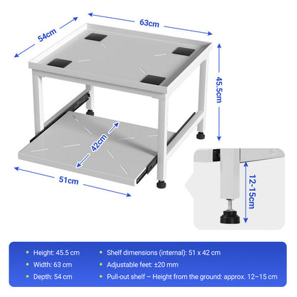 Wasmachine Onderstel – Verstelbare Wasmachine Steun – Wasmachine Verhoger – Droger Stand – Koelkast Podium – 45 cm Hoog – Schokdempend Met Uittrekbare Planken – 200 kg Belastbaar – Wit