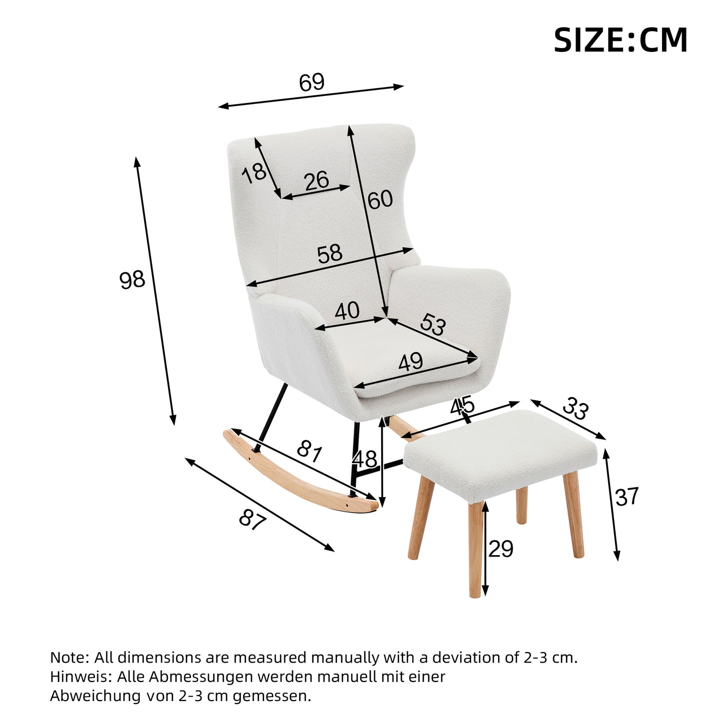 Schommelstoel – Schommelstoel Met Voetenbank – Relaxstoel – Fauteuil – Lounge Stoel – Ergonomisch Ontwerp – Zachte Teddy Bekleding – Wit – 30° Schommelbeweging – Afneembaar Kussen