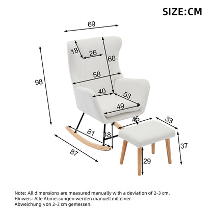 Schommelstoel – Schommelstoel Met Voetenbank – Relaxstoel – Fauteuil – Lounge Stoel – Ergonomisch Ontwerp – Zachte Teddy Bekleding – Wit – 30° Schommelbeweging – Afneembaar Kussen