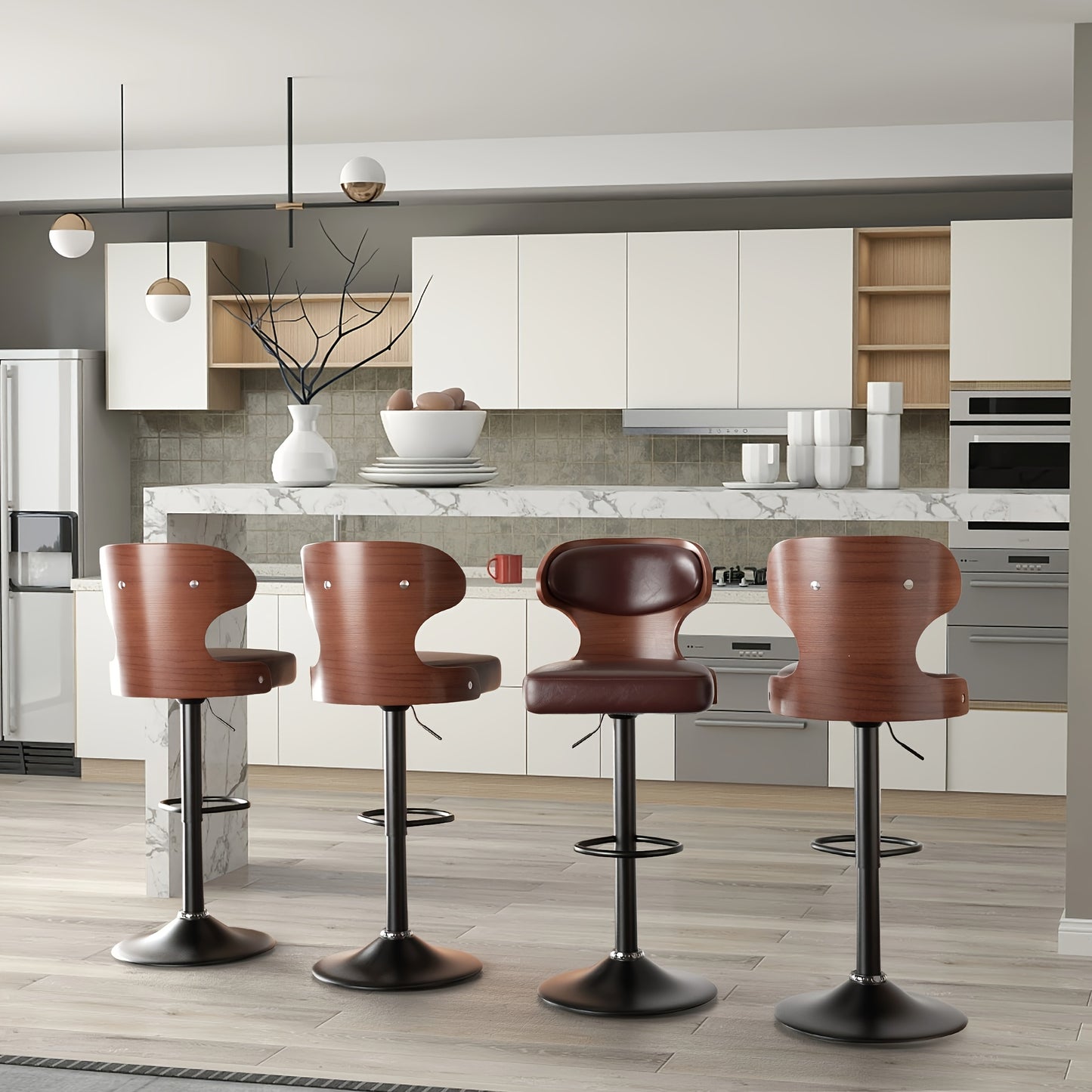 Barkruk – Barstoel – Keukenstoel – Barstoelen – Stoelen – Set Van 2 – Draaibaar – Verstelbare Hoogte 62-85 cm – Houten Zitting Met PU Leder Bekleding – Met Rugleuning En Voetsteun