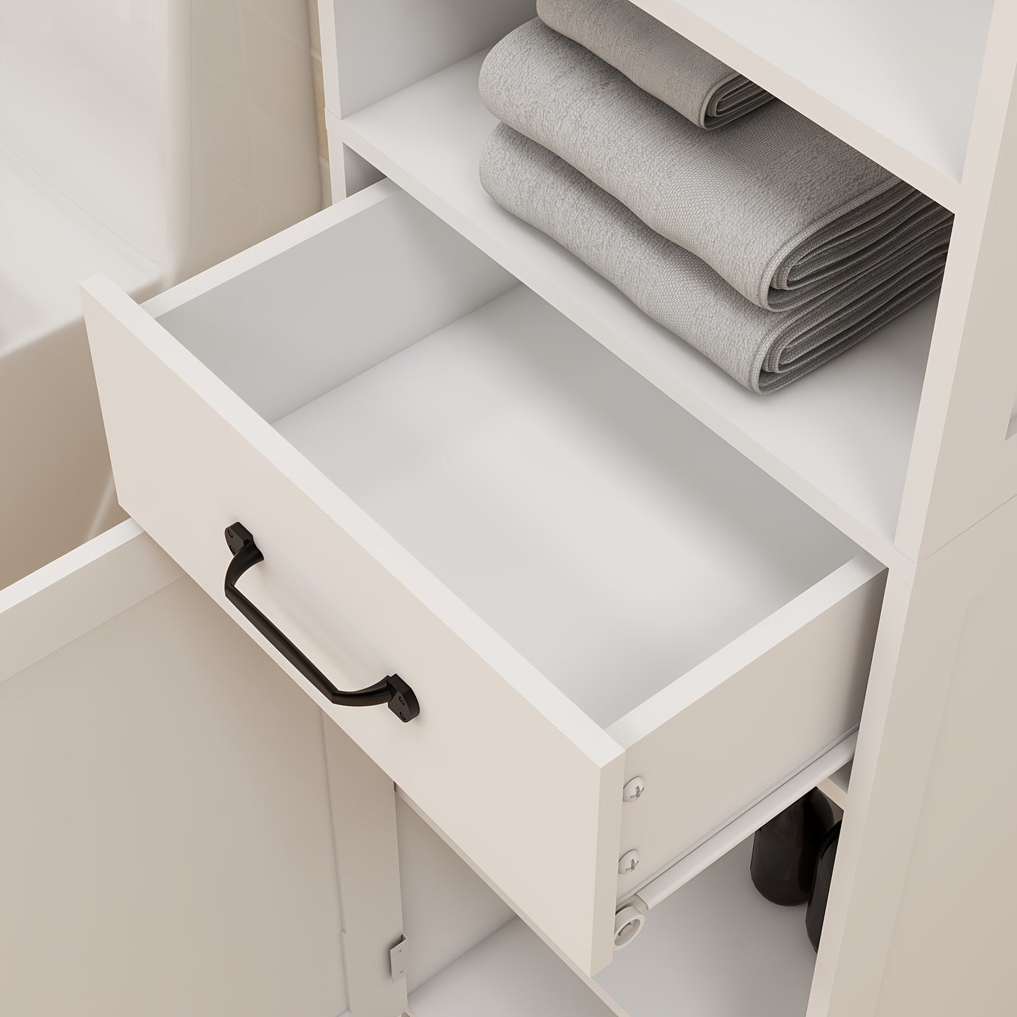 Bathroom cabinet, can be placed in the living room, bedroom and bathroom, 1 open space can store toiletries, 2 large cabinet doors can store more daily necessities, with large capacity drawers and door handles, white