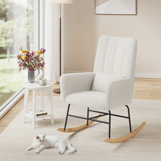 Schommelstoel – Relaxstoel – Fauteuil – Loungestoel – Zitzak – Met Armleuningen – Fleece Bekleding – Stalen Frame Met Rubberen Houten Poten – Max. Draagkracht 160 kg