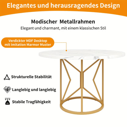 Ronde Eettafel – Ronde Tafel – Keukentafel – Salontafel – Tafeltje – Metalen Geometrische Poten – Marmeren MDF Blad Gouden Finish 100x100x76 cm
