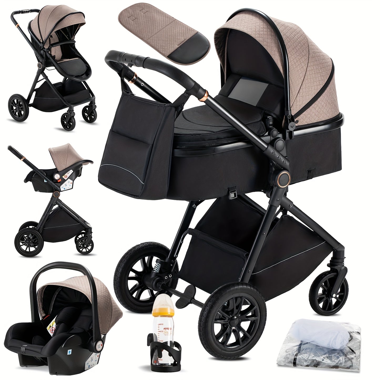 3-in-1 Kinderwagen – Buggy – Combi Kinderwagen – Babybedje – Wandelwagen – Lichtgewicht Aluminium Frame – Eénhandige Vouwfunctie – Roze