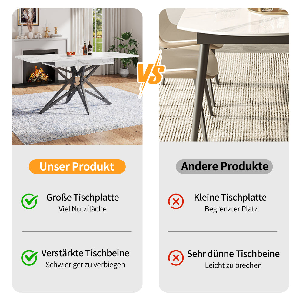 Uitklapbare Eettafel – Uitschuifbare Keukentafel – Verlengbare Tafel – Moderne Eetkamertafel – Ruimtebesparend – Wit Marmerlook Blad – 120-160 cm – Eenvoudige Montage