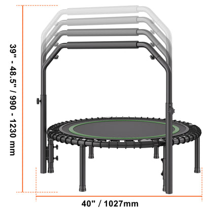 Mini Trampoline – Fitness Trampoline – Springkussen – Rebounder – Opvouwbare Trampoline 40 inch – Verstelbare Handgreep – Stevig Stalen Frame