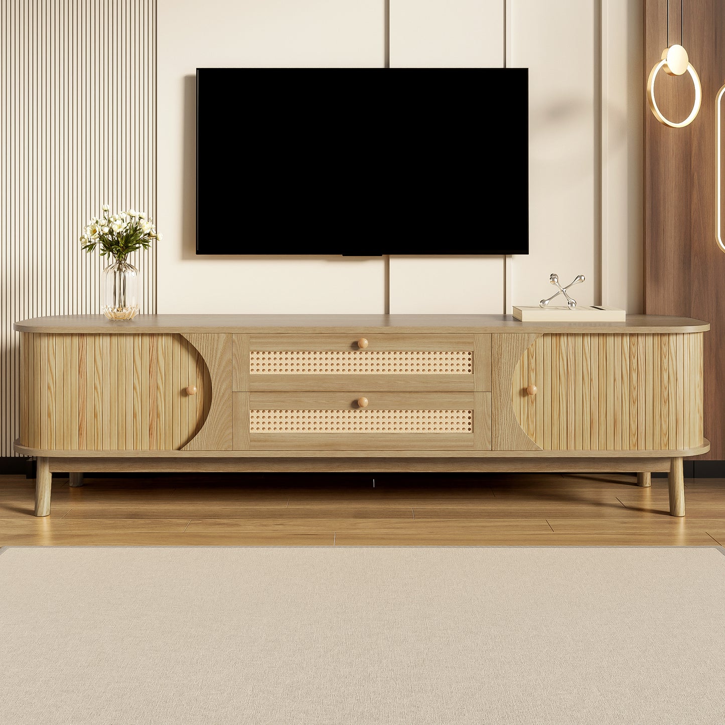 TV-Meubel – TV-Kast – TV-Board – Lowboard – Media Meubel – Hout Met Rattan Optiek – Schuifdeur Met Opbergruimte – Scandinavisch Design 170x39,5x46 cm