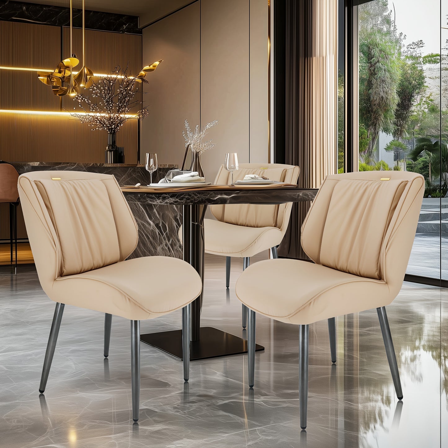 Eetkamerstoel – Stoel – Dining Chair – Zitstoel – Armstoel – Memory Foam Zitting – Stevige Metalen Poot – Licht Kaki & Donkergrijs