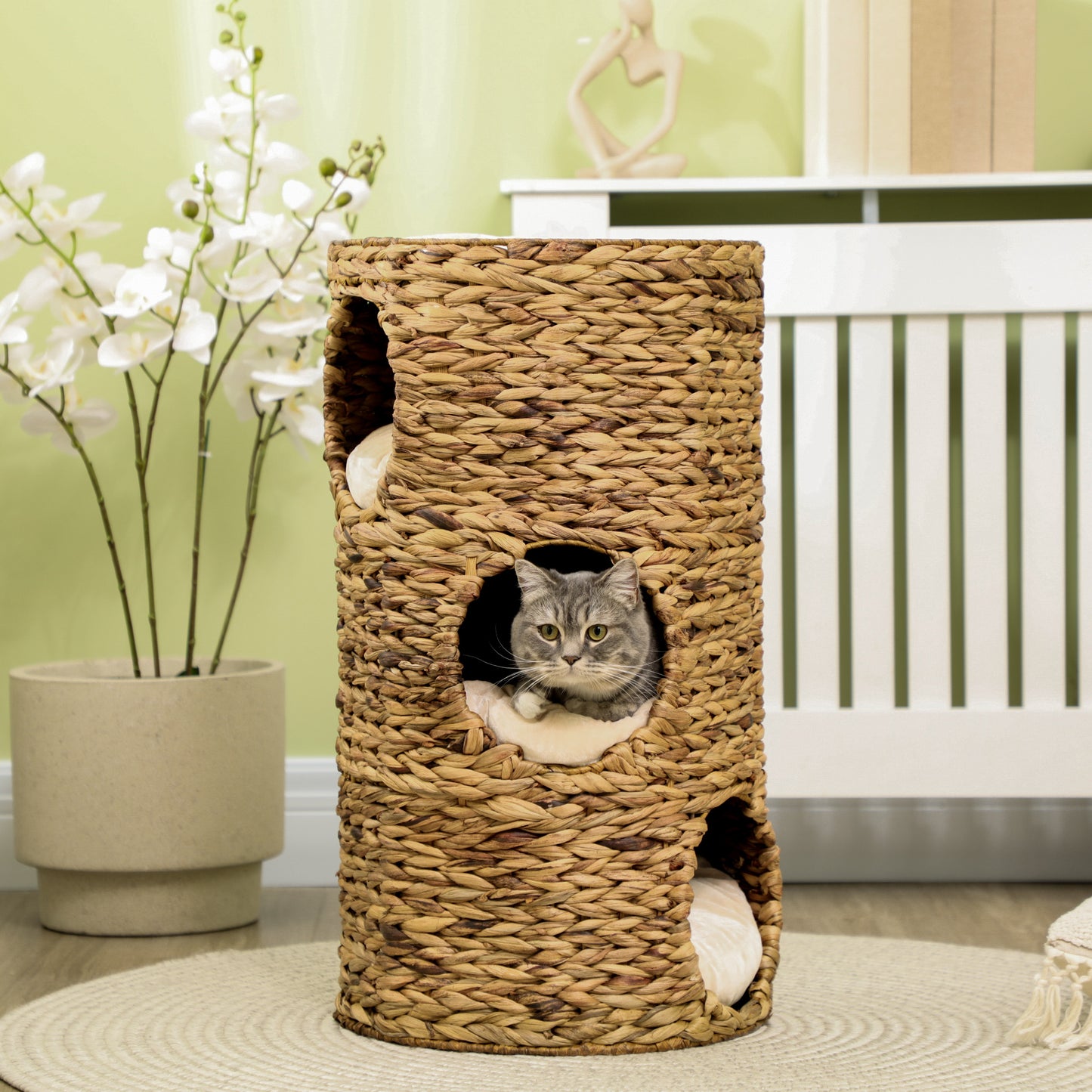 Kattenhol – Kattenhuis – Kattenmand – Kattenhuisje – Kattenhut – Boho Design – 3 Niveaus Met Kussen – Ø40 x 73 cm Lichtbruin & Crème Wit