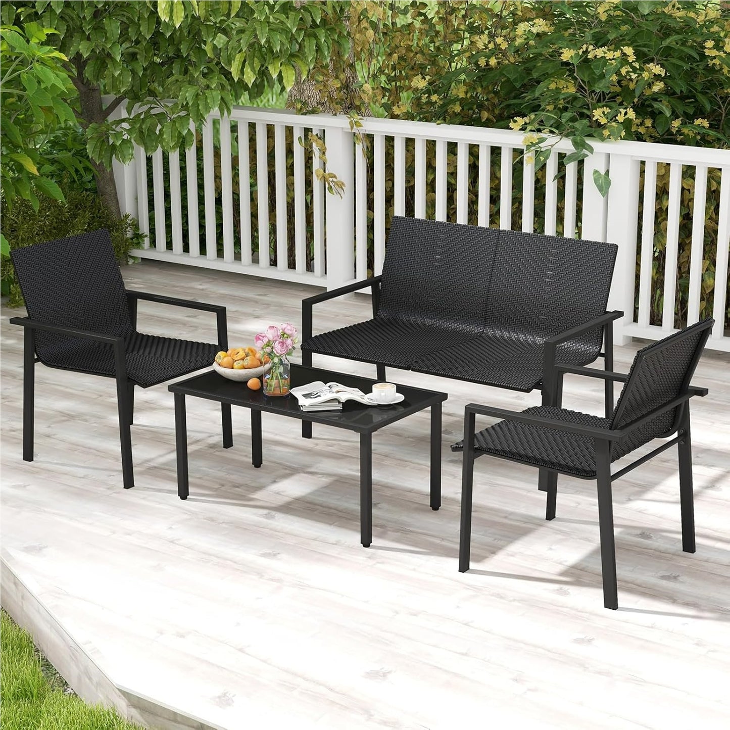 Polyrattan Tuinset – Tuinmeubelset – Loungeset – Buitenmeubelen – Patio Meubilair – 4-delig Zwart – Ergonomisch Design – Tempered Glas Tafel