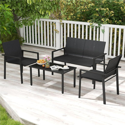 Polyrattan Tuinset – Tuinmeubelset – Loungeset – Buitenmeubelen – Patio Meubilair – 4-delig Zwart – Ergonomisch Design – Tempered Glas Tafel