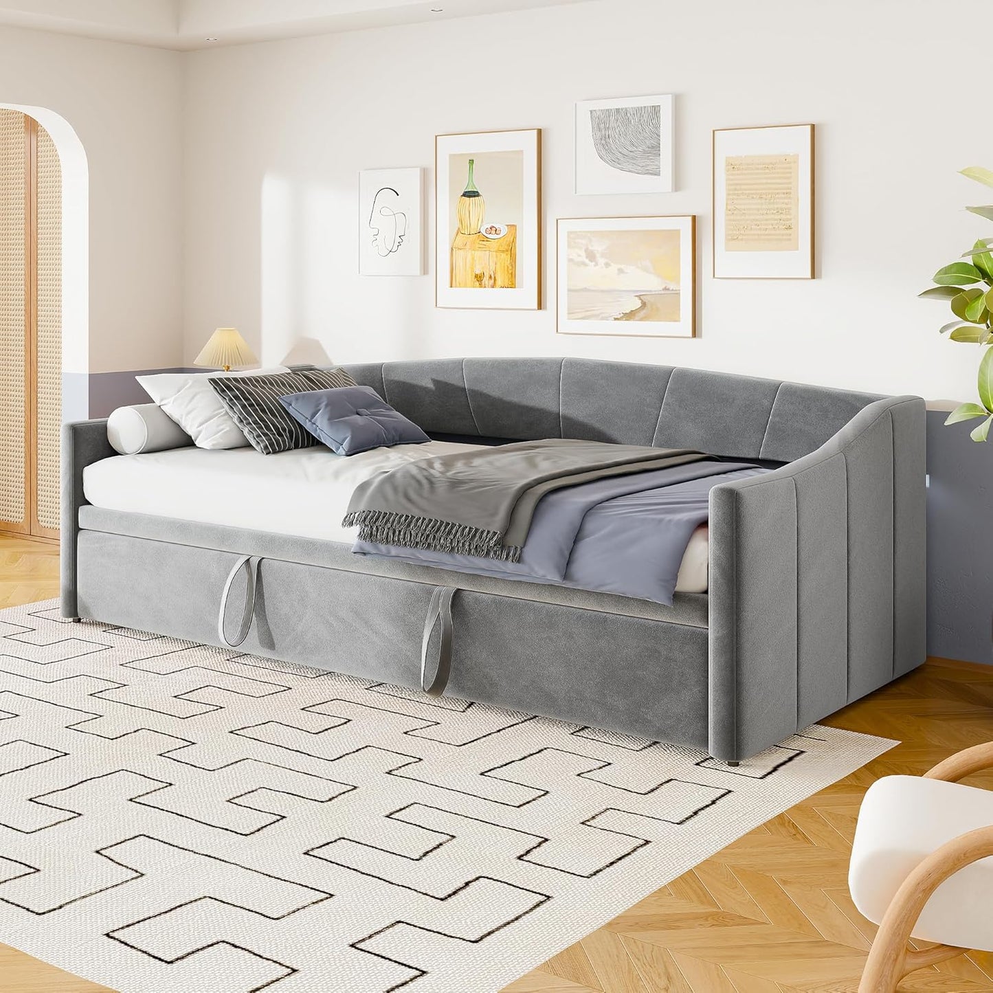 Velours Bed – Bedframe – Eenpersoonsbed – Slaapbank – Logeerbed – 90 x 200 cm – Metalen Frame en Houten Lattenbodem – Geen Boxspring Nodig