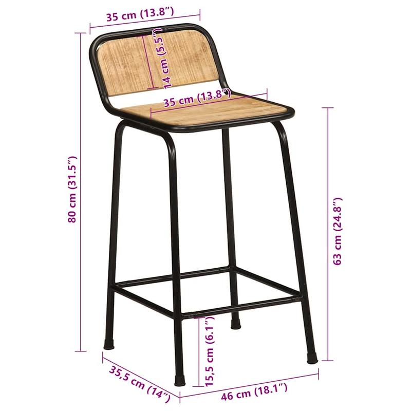 Bar stool 2pcs 46x35.5x80cm rough mango solid wood, Pub Style Stools, Dining Room Furniture, Modern Farmhouse, Contemporary Seating, Backrest Stool, Apartment Living
