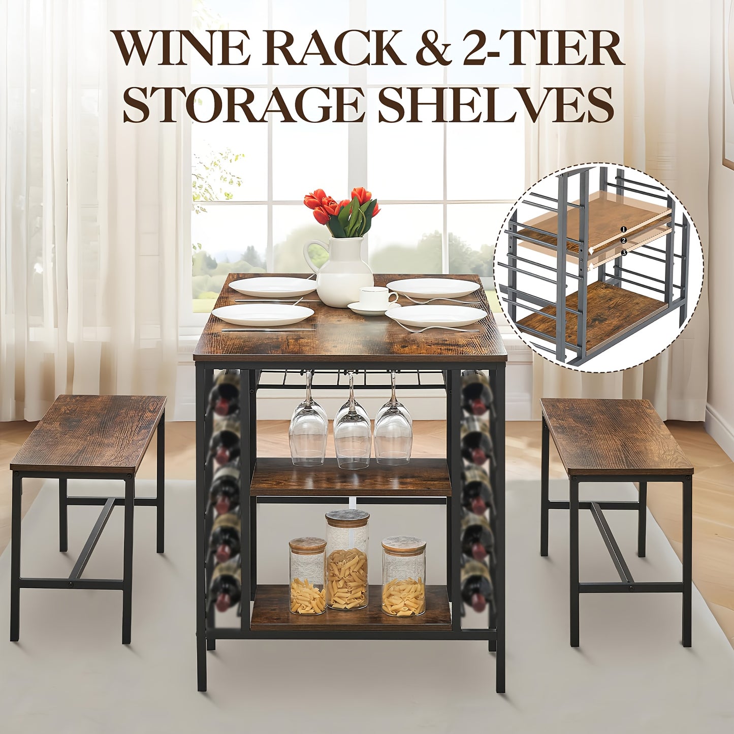 Eettafelset – Tafel Met Banken – Compacte Eetkamer Set – Keukentafel – Wijnrek – Hardhouten Rustiek Design – Ruimtebesparend Met Opbergruimte – Geschikt Voor 4 Personen