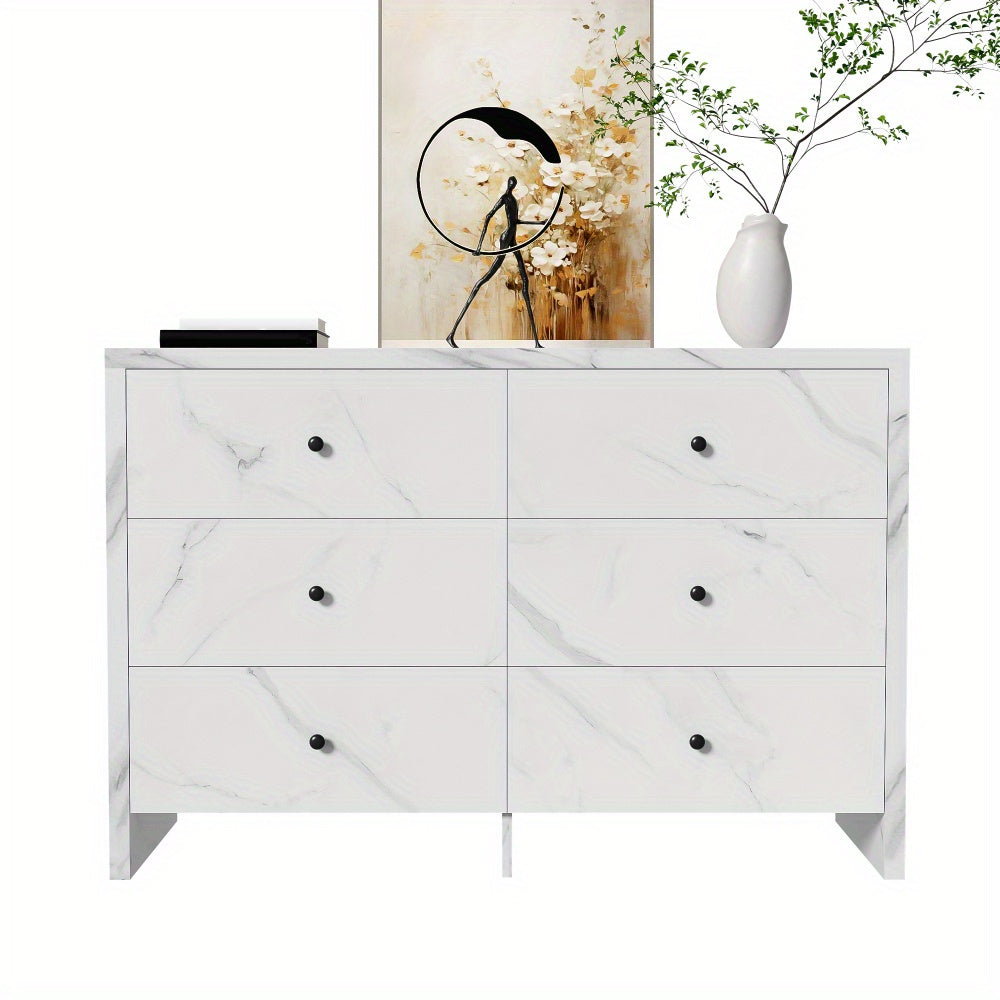 Opbergkast – Kast – Ladenkast – Bergkast – Dressoir – Wit Met Marmerlook – 120 cm Breed – Zes Lades Met Anti-Kantelmechanisme