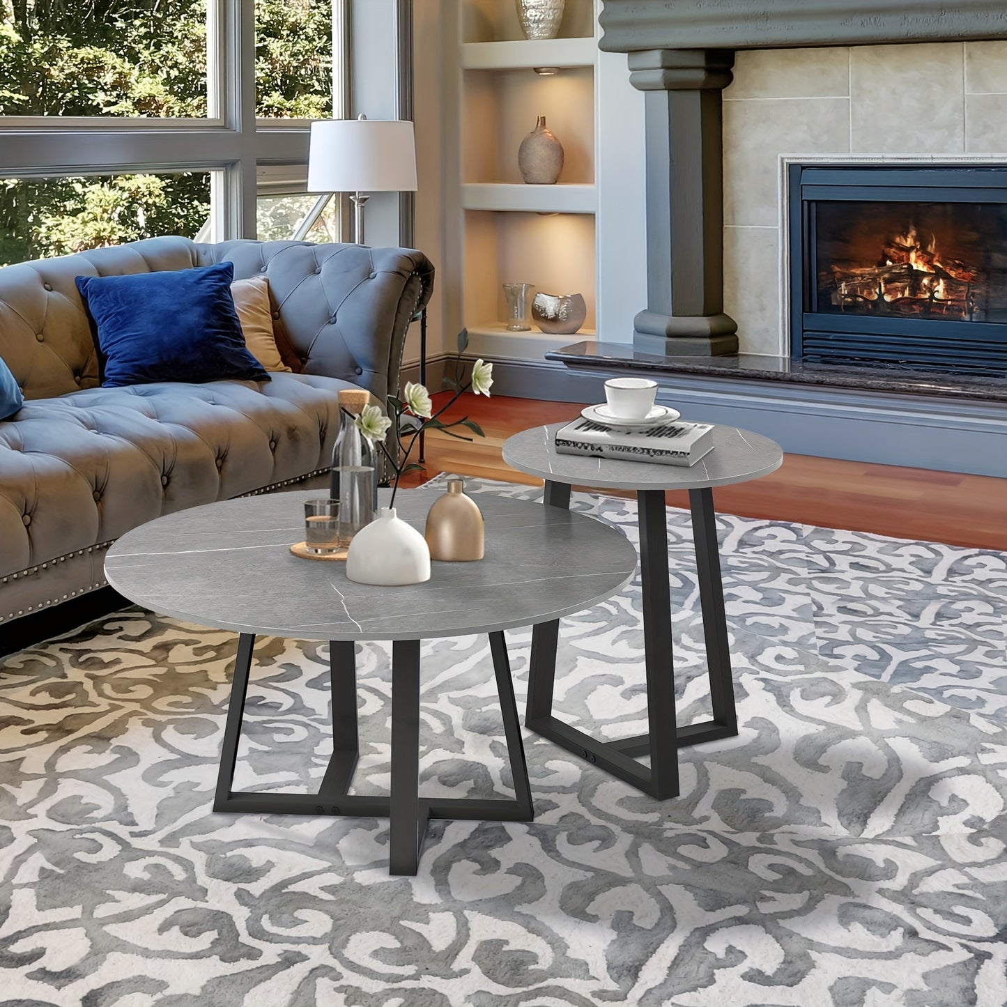 Bijzettafels – Salontafels – Side Tables – Tafeltjes – Nachtkastjes – Set Van 2 Ronde Tafels Zwart – Marmerlook Gesinterd Steen – Zwart Metaalframe