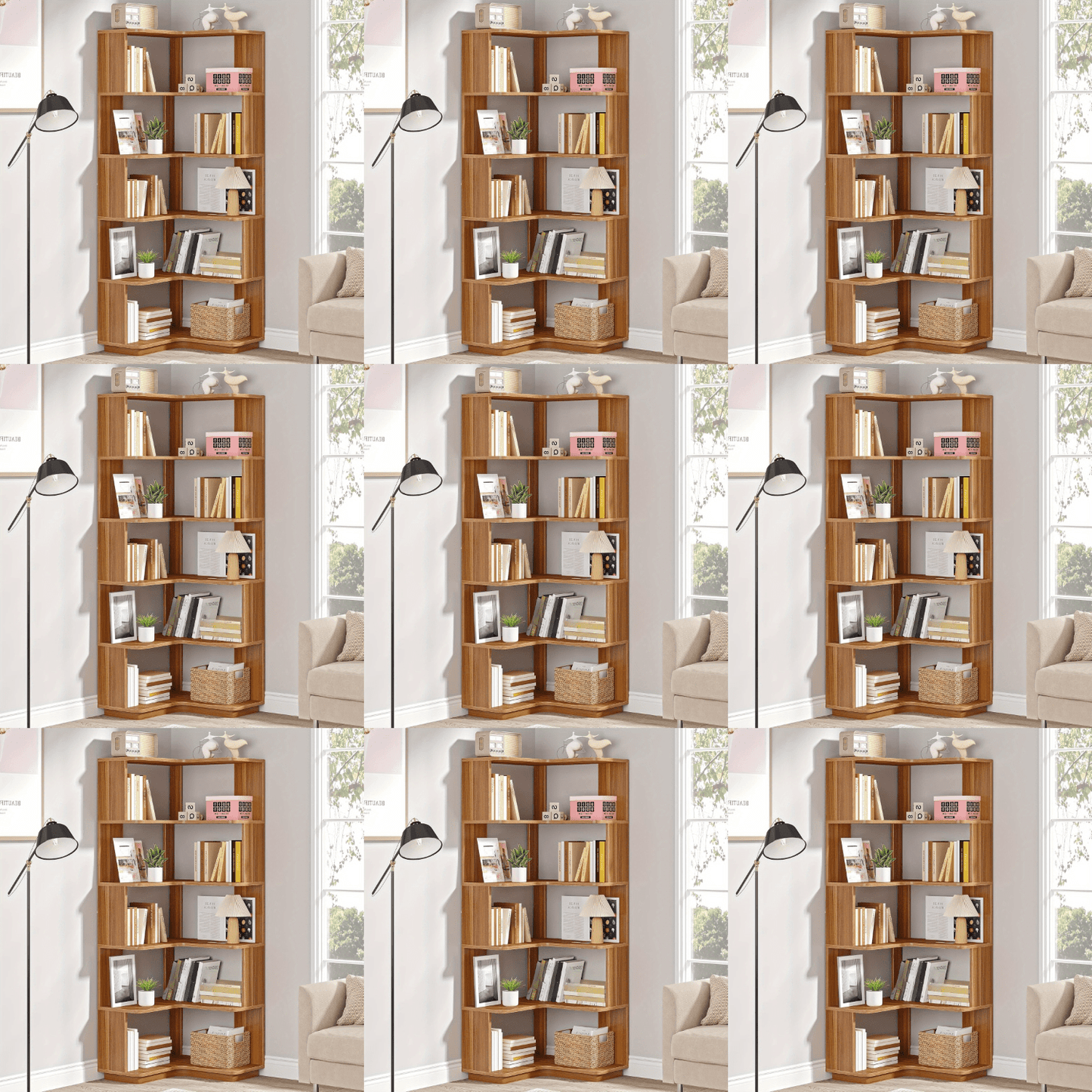 Boekenkast – Boekenrek – Opbergkast – Vakkenkast – Stellingkast – 6-laags Hoekontwerp – Stevig MDF Notenhout – Anti-val Panelen – 165 cm Hoog