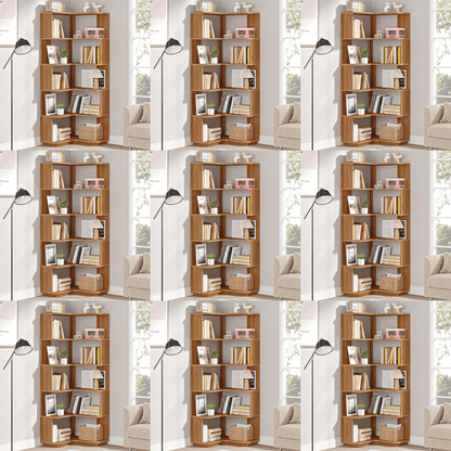 Boekenkast – Boekenrek – Opbergkast – Vakkenkast – Stellingkast – 6-laags Hoekontwerp – Stevig MDF Notenhout – Anti-val Panelen – 165 cm Hoog