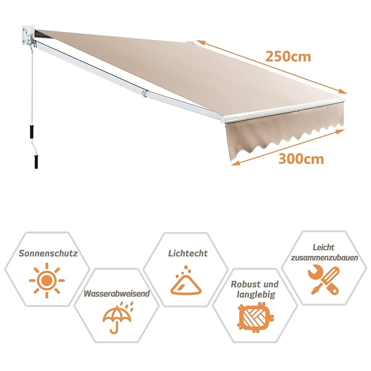 Uitvalzonwering – Knikarmzonwering – Terraszonwering – Balkonzonwering – Handbediende Zonnescherm – 300x250 cm – Aluminium Frame & Verstelbare 40-100° Hoek – Water- en UV-bestendig Khanaki Doek