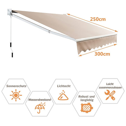 Uitvalzonwering – Knikarmzonwering – Terraszonwering – Balkonzonwering – Handbediende Zonnescherm – 300x250 cm – Aluminium Frame & Verstelbare 40-100° Hoek – Water- en UV-bestendig Khanaki Doek
